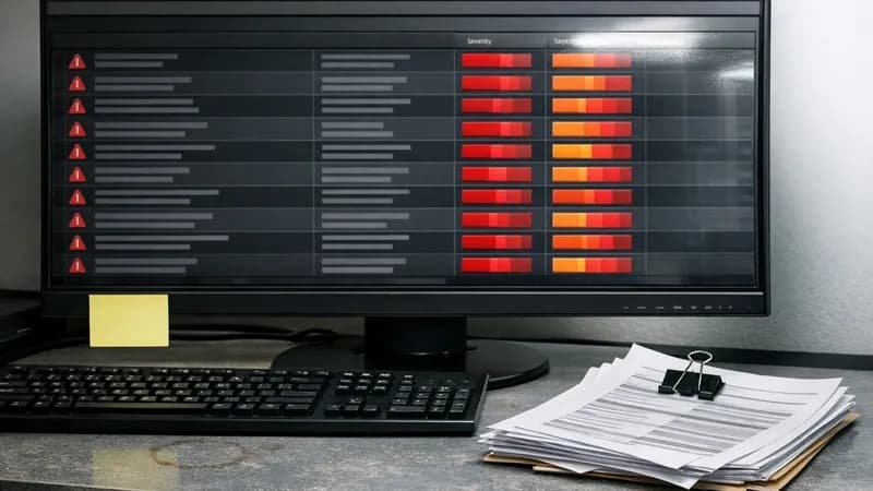 Monitor displaying vulnerability scan results interface with red warning indicators, alongside printed remediation reports on a worn desk in a small IT office