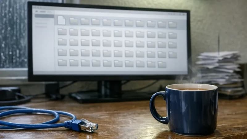 A small office desk in the morning with an unattended computer screen showing an unreadable file list, a cold cup of tea beside the keyboard and a telephone off its cradle.