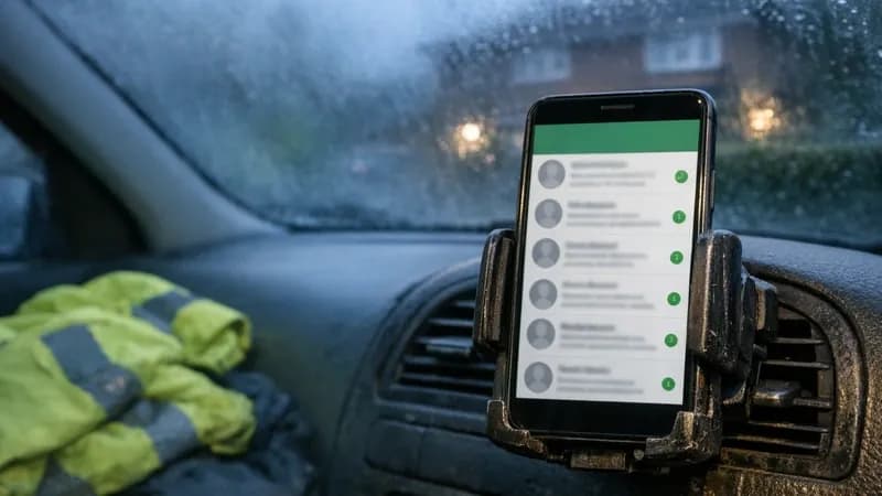 A tradesperson in a van cab holding a personal phone showing a message thread, with a clipboard of job sheets on the passenger seat beside them.