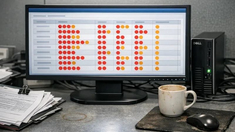 Computer monitor displaying vulnerability scanning dashboard with application status indicators on a desk in a small business IT workspace