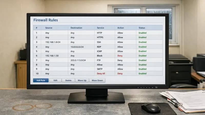 Monitor displaying basic firewall management interface on worn desk in small UK business office