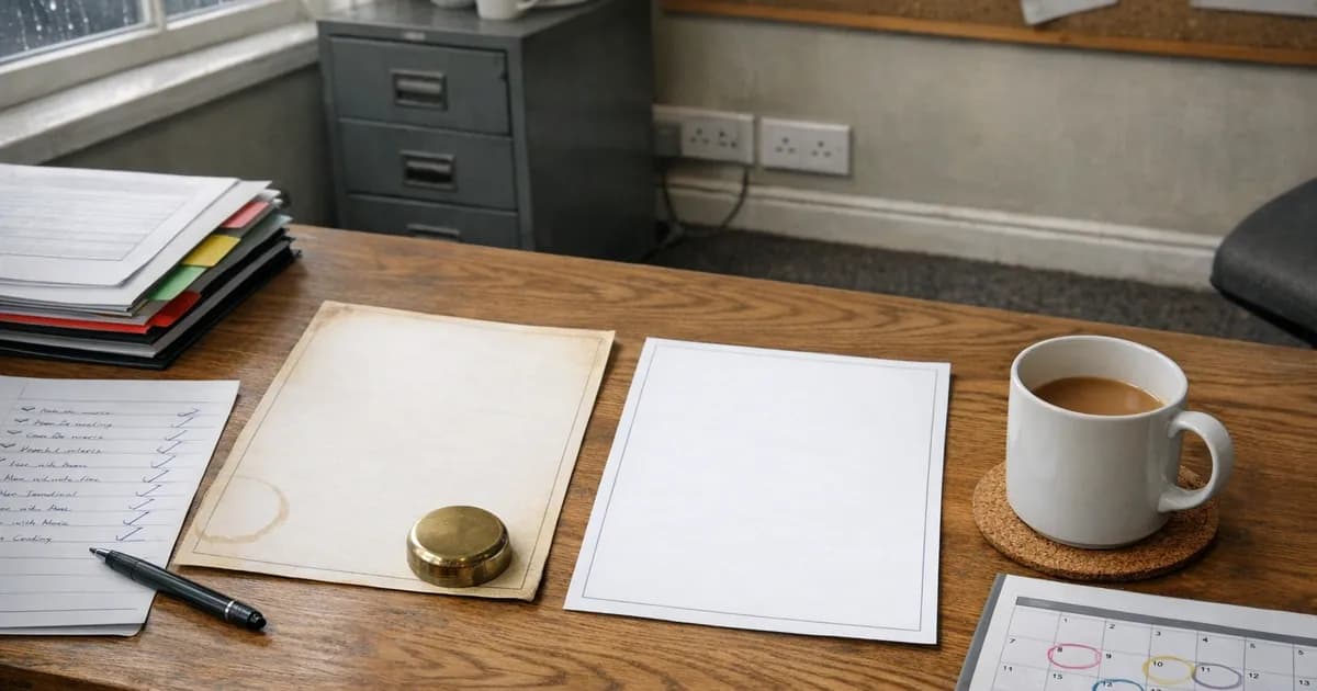 An IT compliance manager at a UK SME reviewing a migration checklist between the Willow and Danzell Cyber Essentials platform versions, with two printed Cyber Essentials Plus certificates side by side on the desk.