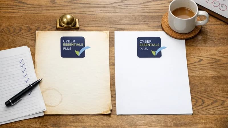 An IT compliance manager at a UK SME reviewing a migration checklist between the Willow and Danzell Cyber Essentials platform versions, with two printed Cyber Essentials Plus certificates side by side on the desk.