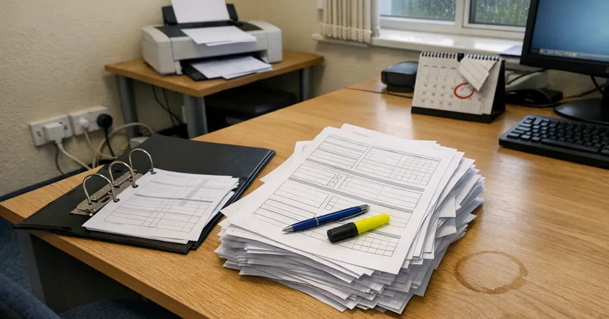 Office desk with a printed Cyber Essentials assessment form, a calendar showing April 2026, and a laptop displaying the Pervade platform