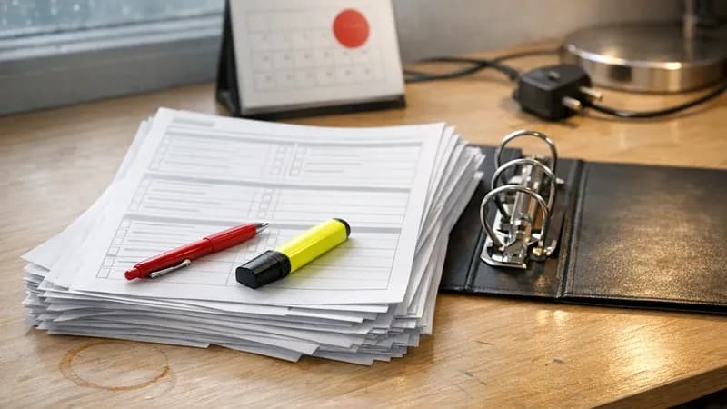Office desk with a printed Cyber Essentials assessment form, a calendar showing April 2026, and a laptop displaying the Pervade platform