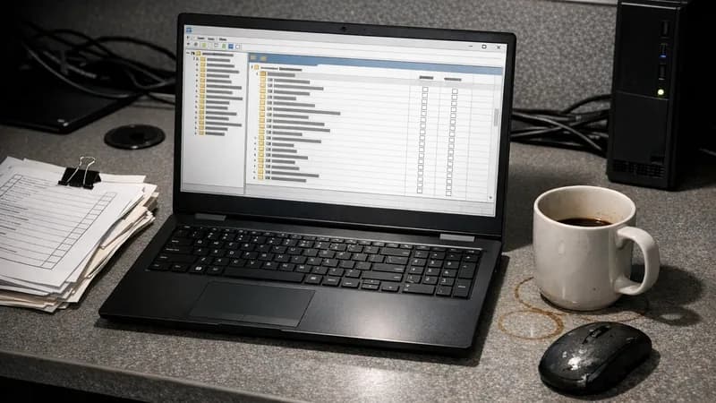 Windows 11 laptop displaying Local Group Policy Editor interface on office desk with assessment checklists and coffee mug