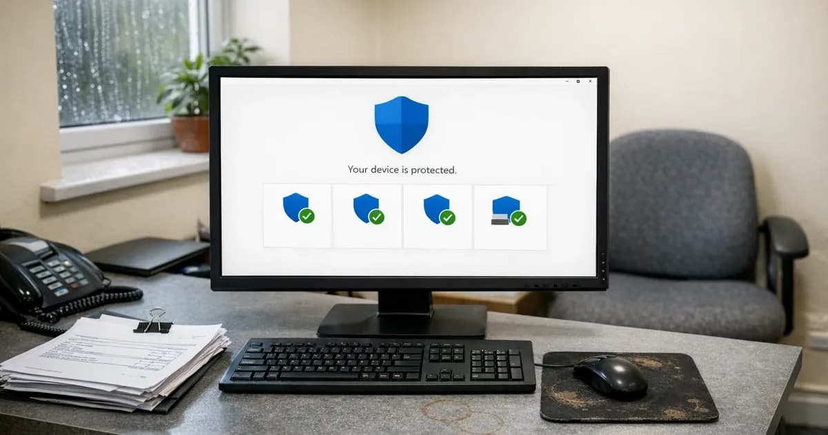 Desktop computer displaying Windows Security dashboard with protection status indicators in a small business office