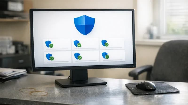 Desktop computer displaying Windows Security dashboard with protection status indicators in a small business office