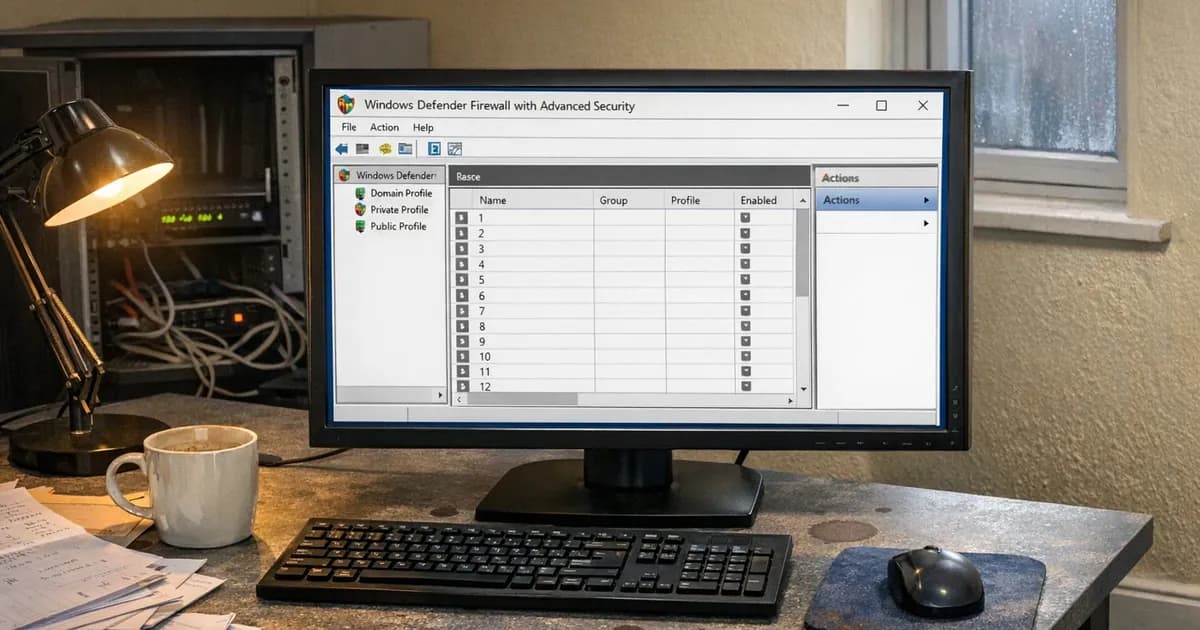 Computer monitor showing Windows Defender Firewall configuration interface with three-panel console layout on an office desk