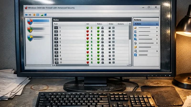Computer monitor showing Windows Defender Firewall configuration interface with three-panel console layout on an office desk