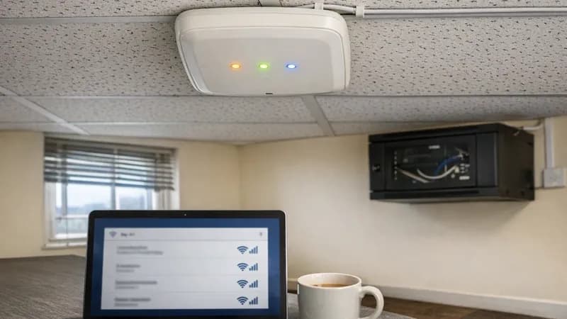 Wall-mounted wireless access point in UK office with LED status lights, laptop showing wireless network list below, network cabinet and worn office furniture visible