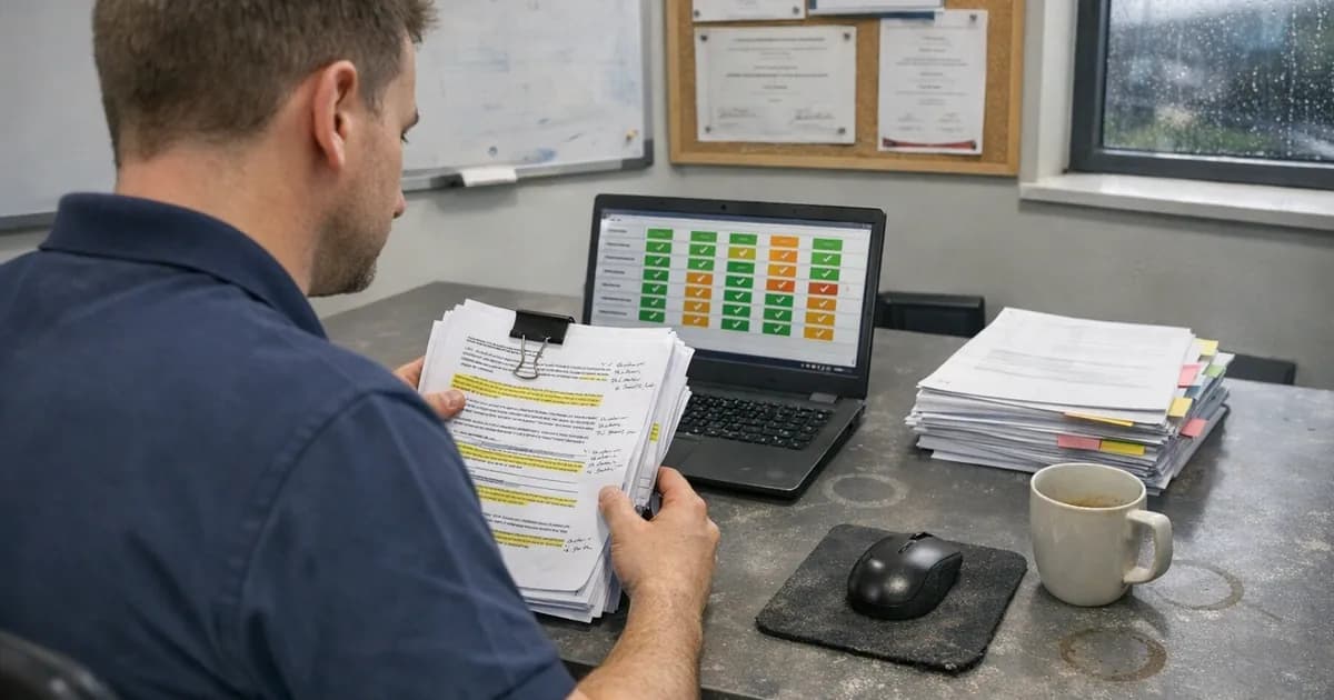 A cybersecurity assessor reviewing printed vulnerability scan results at a desk while cross-referencing with a laptop dashboard, demonstrating human verification of automated security assessment tools