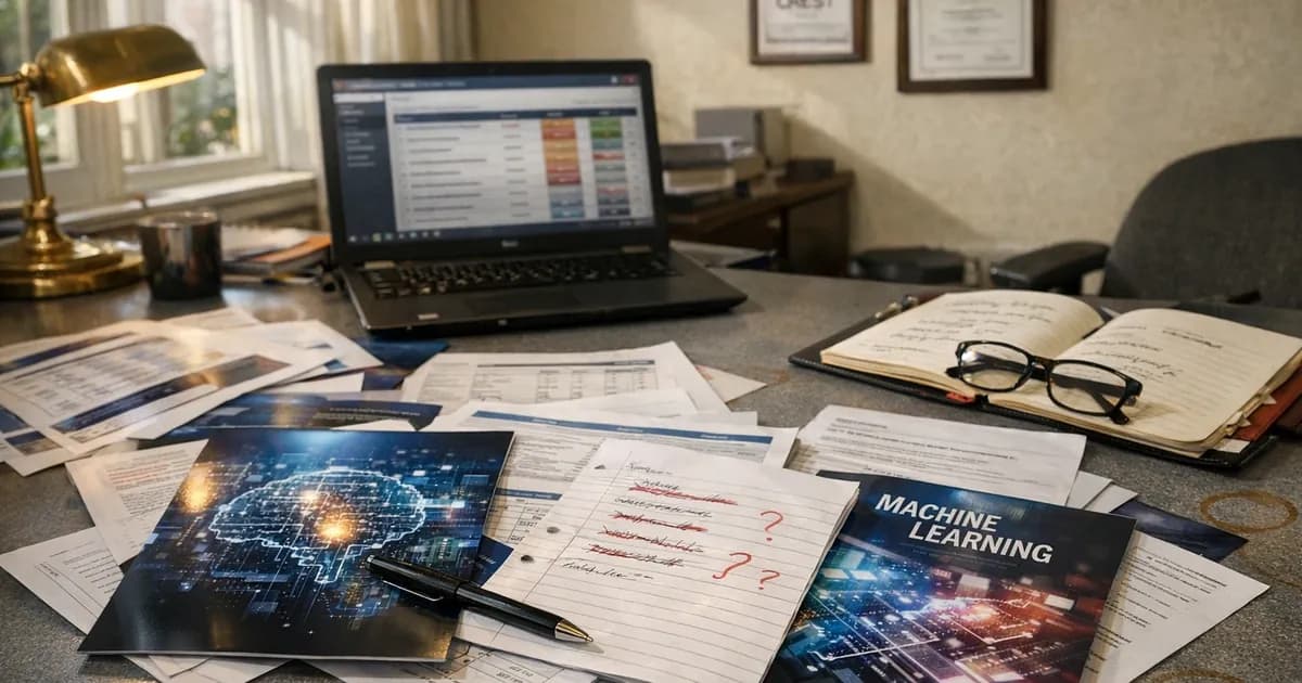 Cybersecurity consultant's desk covered with vendor marketing brochures and technical documentation being evaluated