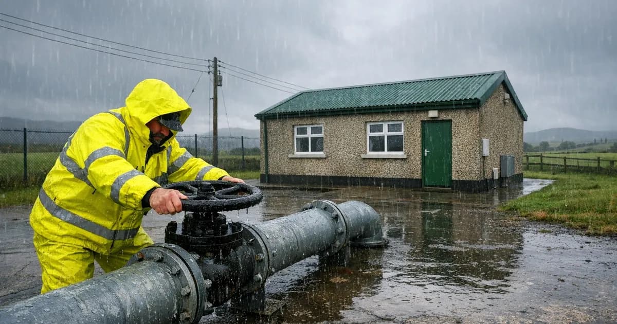 Maintenance worker manually operating valve wheel at Irish water pumping station during rain