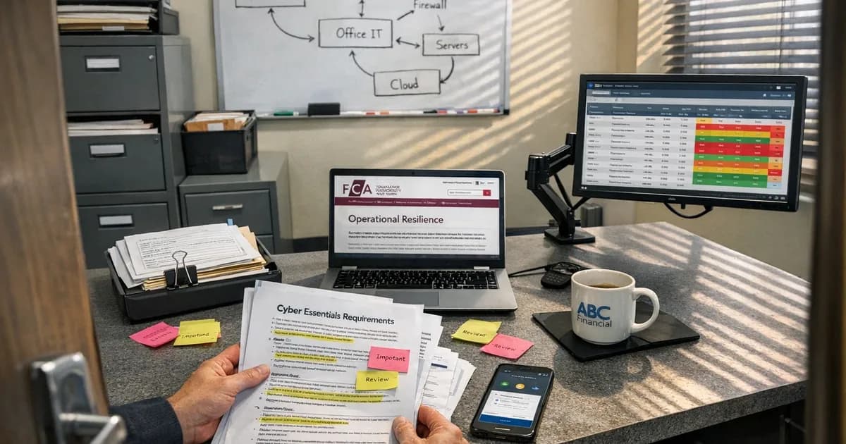 Financial services compliance manager reviewing Cyber Essentials documentation at desk with laptop showing FCA guidance and network diagram on whiteboard behind