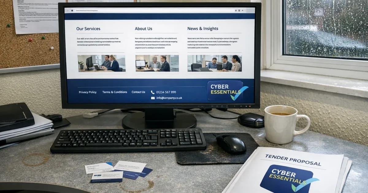 Computer monitor showing a business website with the Cyber Essentials certification badge displayed in the footer, with printed materials on a desk showing the same badge