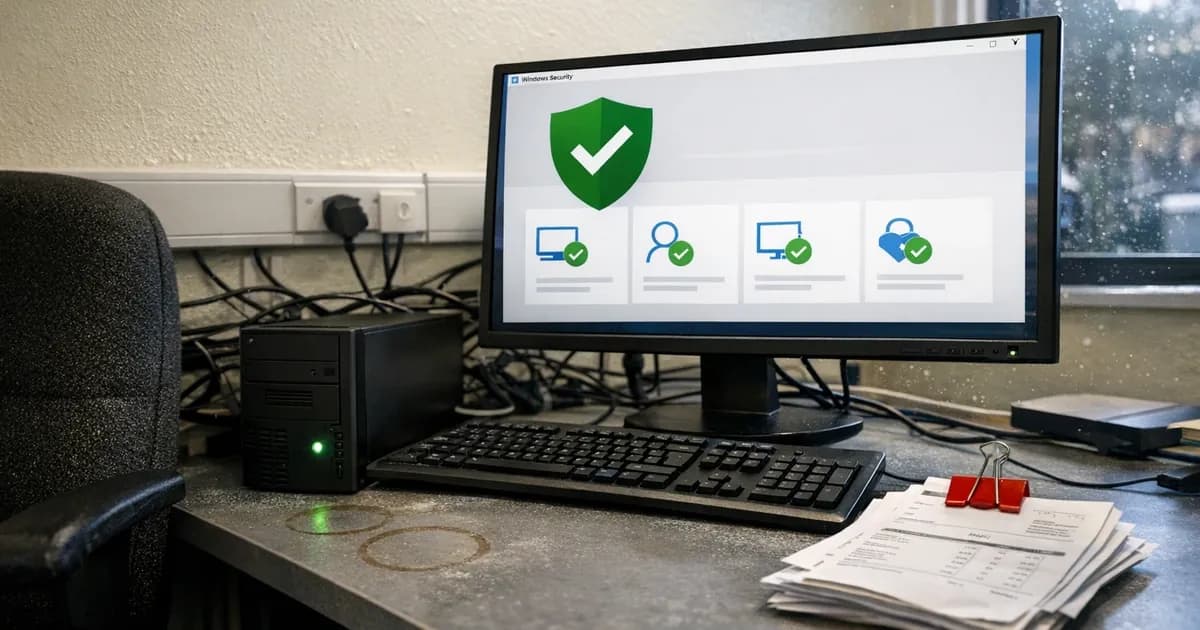 Desktop computer with Windows Security antivirus dashboard displayed on monitor in UK office setting