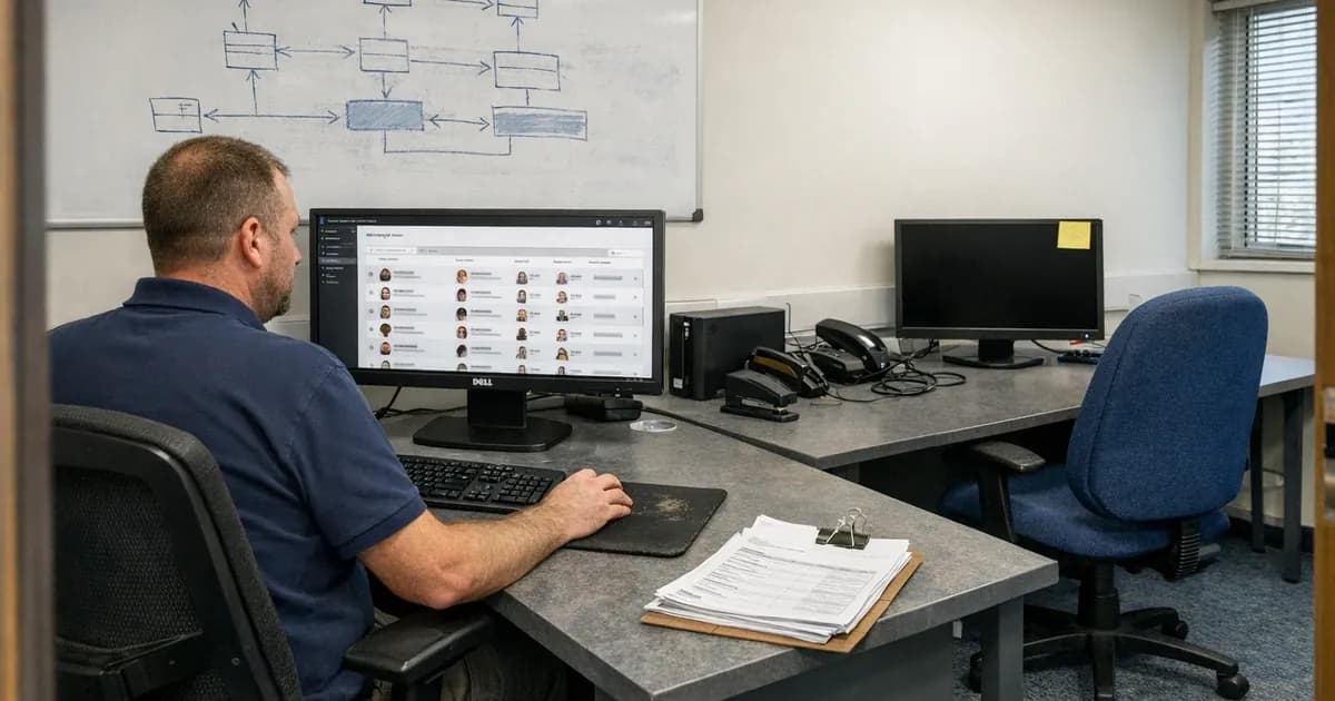 IT manager reviewing user accounts in Microsoft 365 Admin Center on computer monitor in UK business office
