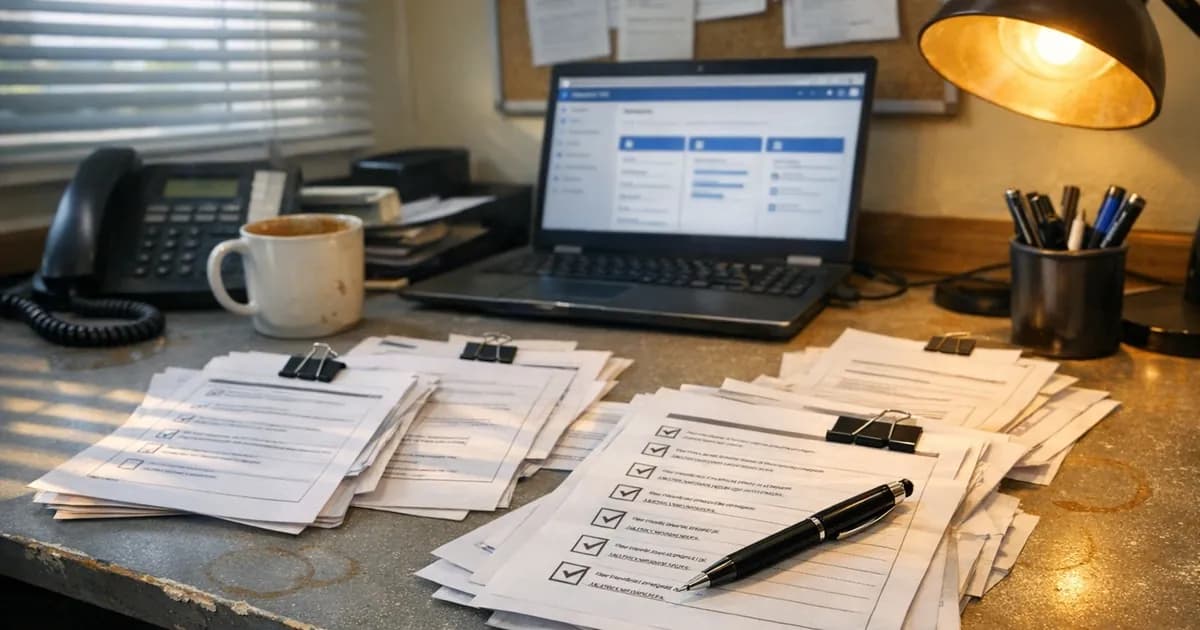 Office desk with printed compliance checklists being completed, laptop showing Microsoft 365 admin interface, pen marking tick boxes on documents
