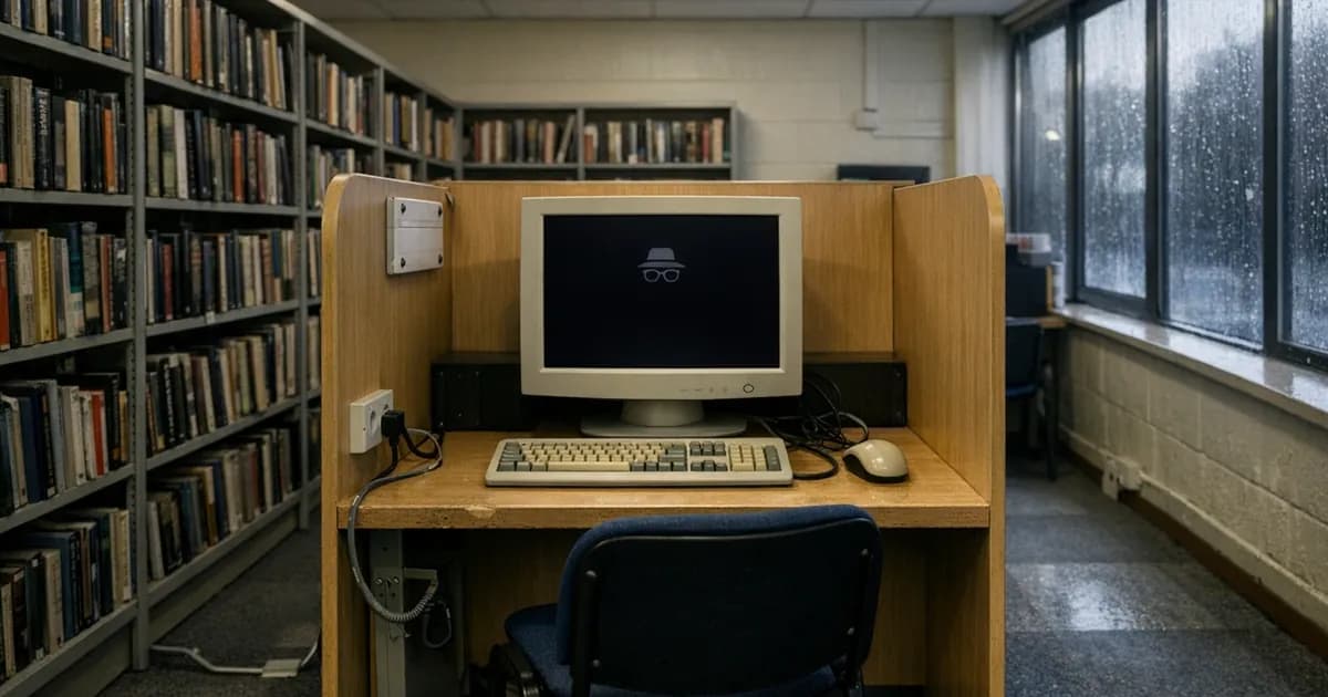 A laptop on a library desk showing a browser private-browsing start page, with other people working at shared computers in the background.
