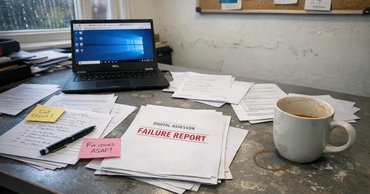 Office desk with scattered assessment documents and remediation notes showing Cyber Essentials failure response work in progress