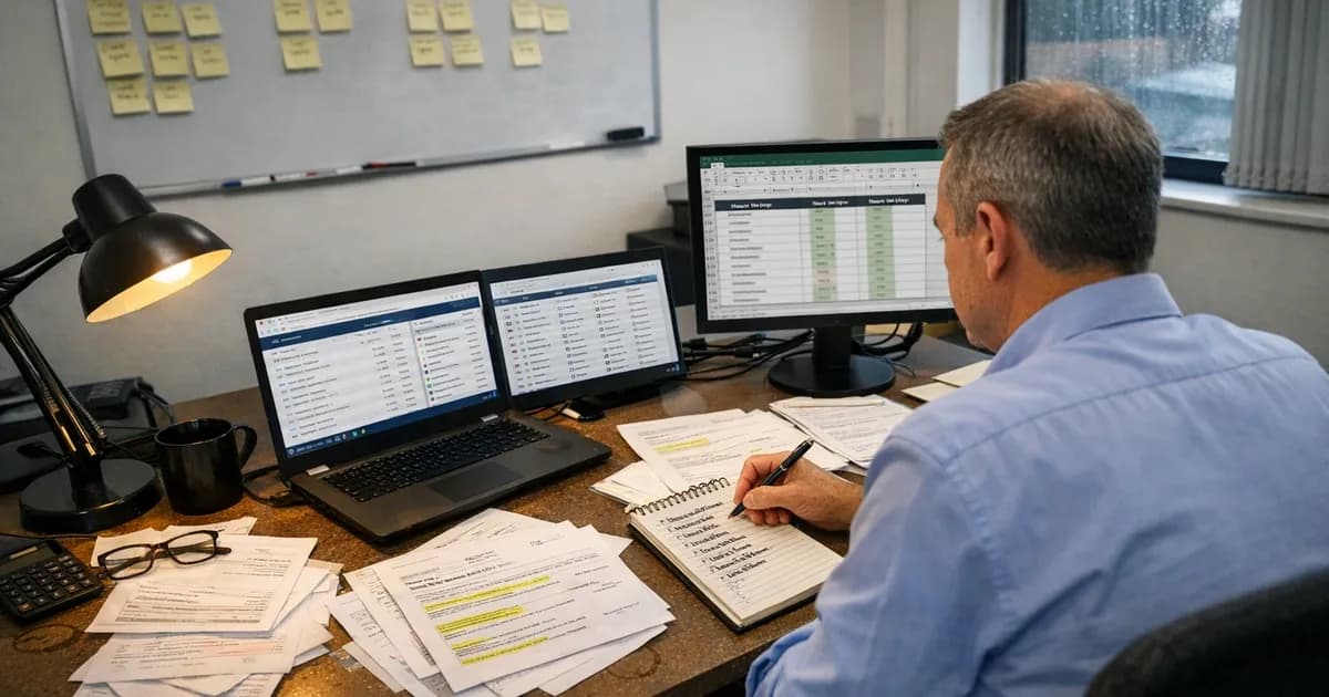 Business manager at desk with laptop showing browser tabs for bank statements and password manager, surrounded by printed email confirmations and handwritten service inventory notes, with whiteboard showing department tools in background