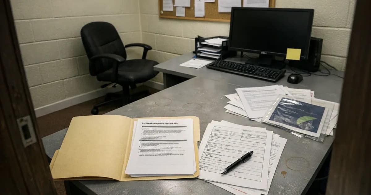Office desk with opened incident response folder, official forms, and Cyber Essentials certificate beside a switched-off computer