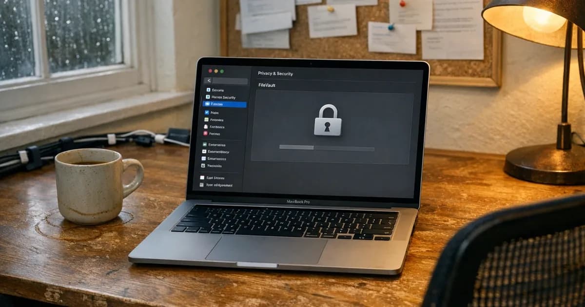 MacBook displaying macOS System Settings Privacy & Security panel on office desk showing FileVault encryption configuration interface