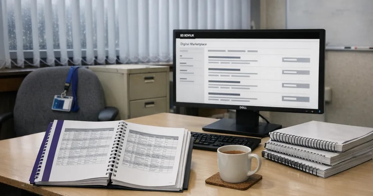 UK government procurement office desk with spiral-bound Crown Commercial Service framework tender documents and the Digital Marketplace website displayed on a monitor