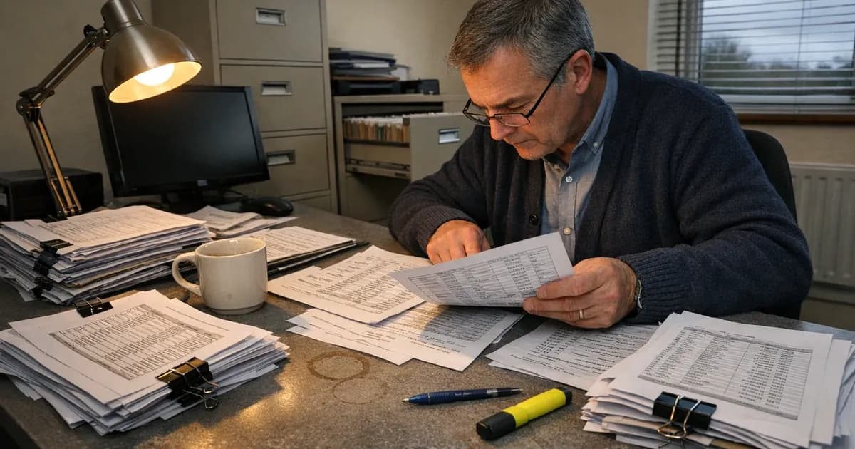 Business owner reviewing printed device inventory sheets and asset registers at office desk under desk lamp, with filing cabinet in background