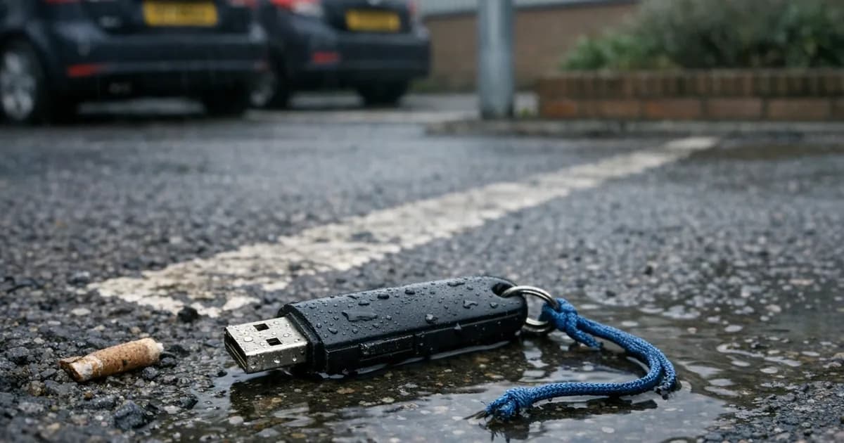 A plain unbranded USB memory stick lying on the tarmac of a car park beside a painted parking bay line, photographed from above in daylight.