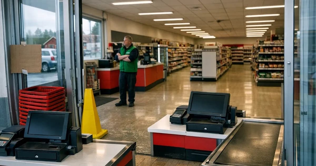 Empty Swedish Coop supermarket with disabled point-of-sale terminals and staff member standing beside closed checkout lanes