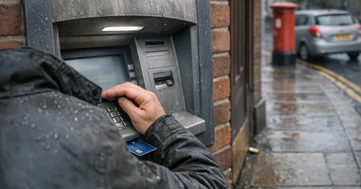 A person at a British high-street cash machine with a card inserted in the slot and one hand cupped over the PIN pad.