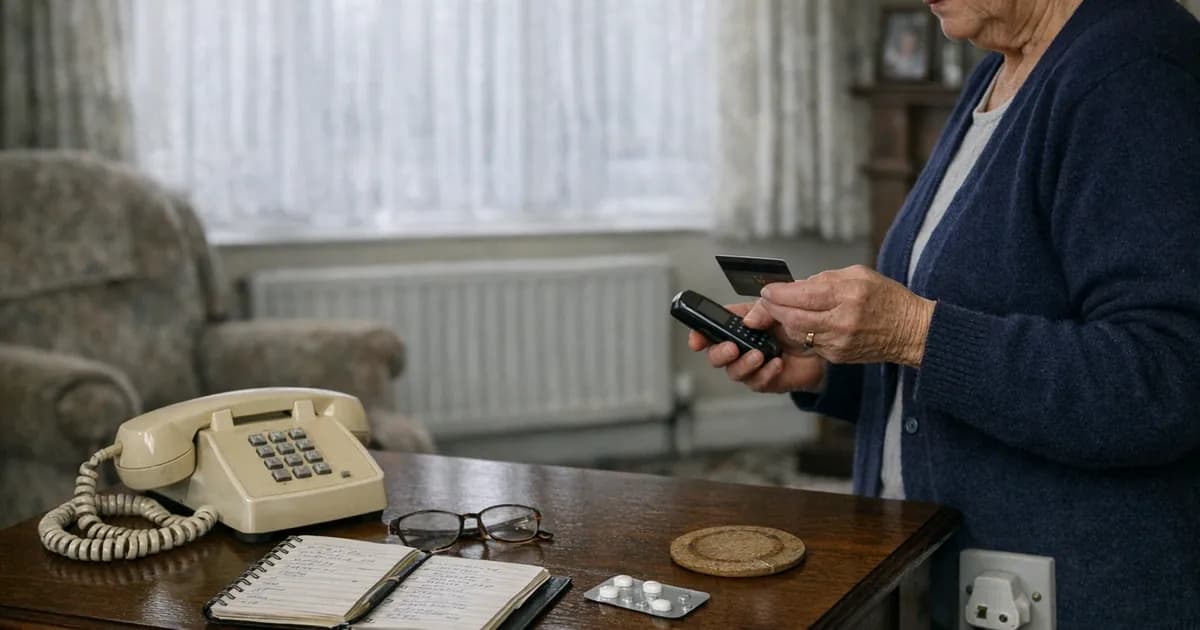 A cordless telephone handset resting on a kitchen worktop beside a notepad with a phone number written on it and a bank card, in an ordinary UK home in daylight.