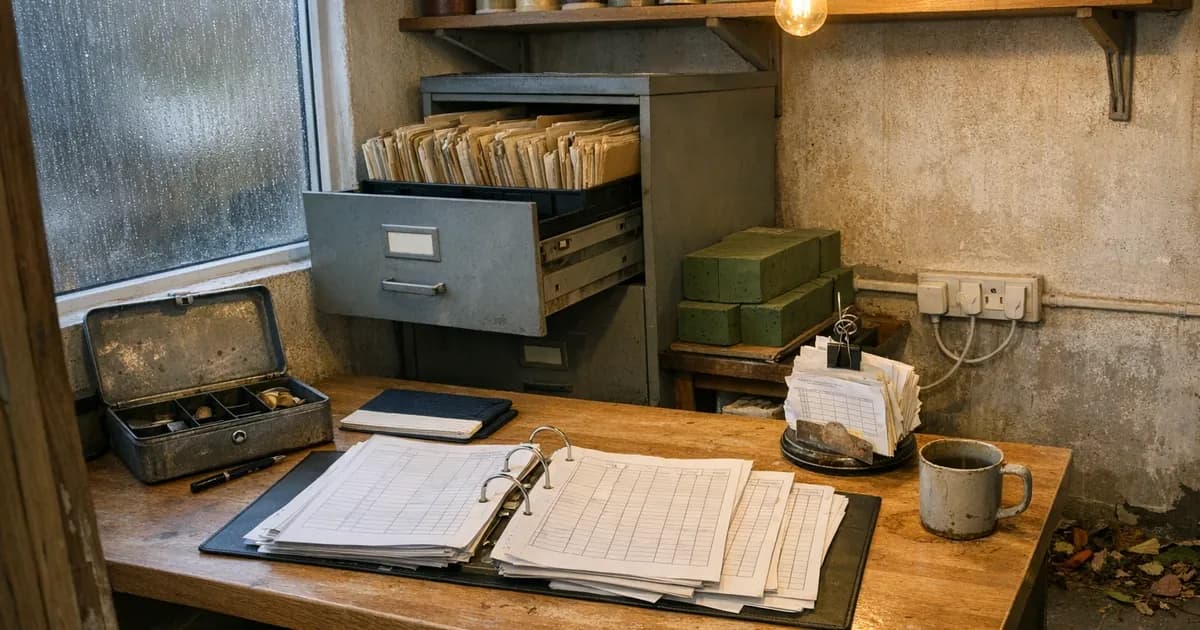 A cluttered small business back office with a filing cabinet drawer open, payroll paperwork spread on the desk beside a computer, and ordinary job folders stacked on a shelf.