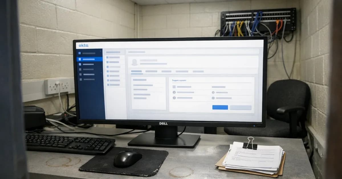 Computer monitor displaying Okta SuperUser support interface in a cramped UK IT contractor office