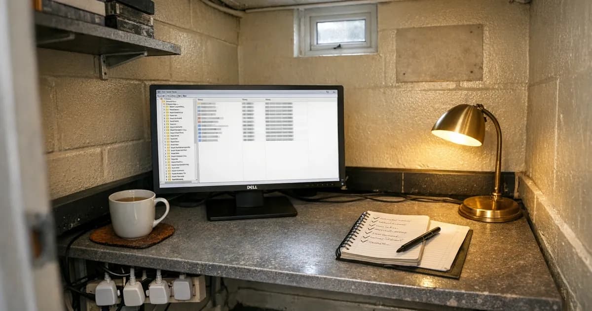 Dell tower PC with glowing power LED on a stained laminate desk in a cramped converted server room with zip-tied cables and worn carpet tiles