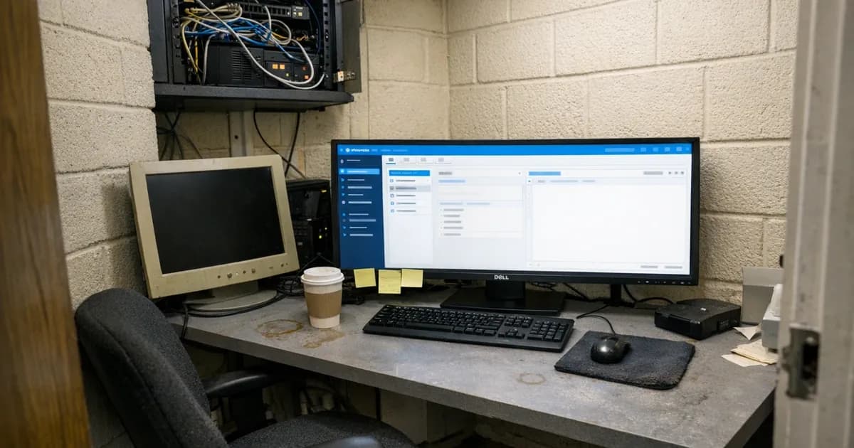 Small business IT office showing Snowflake web interface on computer monitor with network equipment in cramped converted storage room