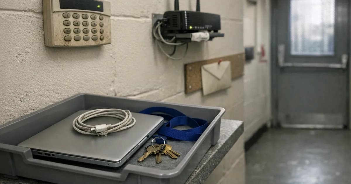 An empty desk in a small office with a returned laptop, a door fob and a set of keys placed on it, and a half-filled cardboard box on the chair beside it.