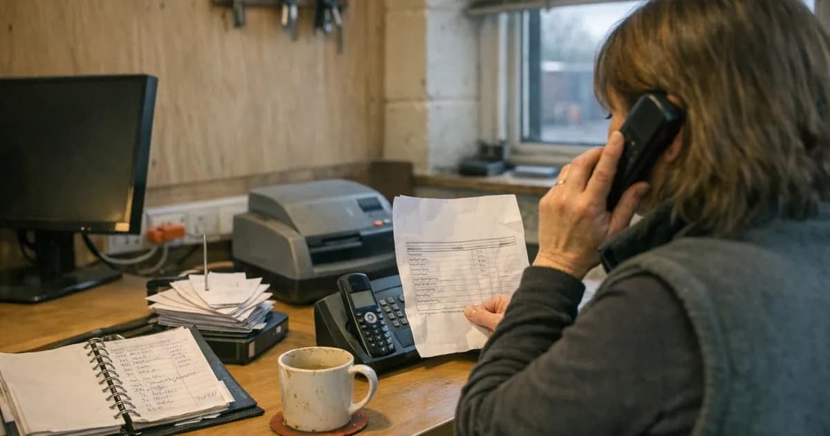 A bookkeeper in a small trade yard office holding a paper invoice in one hand and a telephone handset to her ear in the other, checking the payment details by phone at a desk with a spike of receipts, an open ledger and a tea mug.