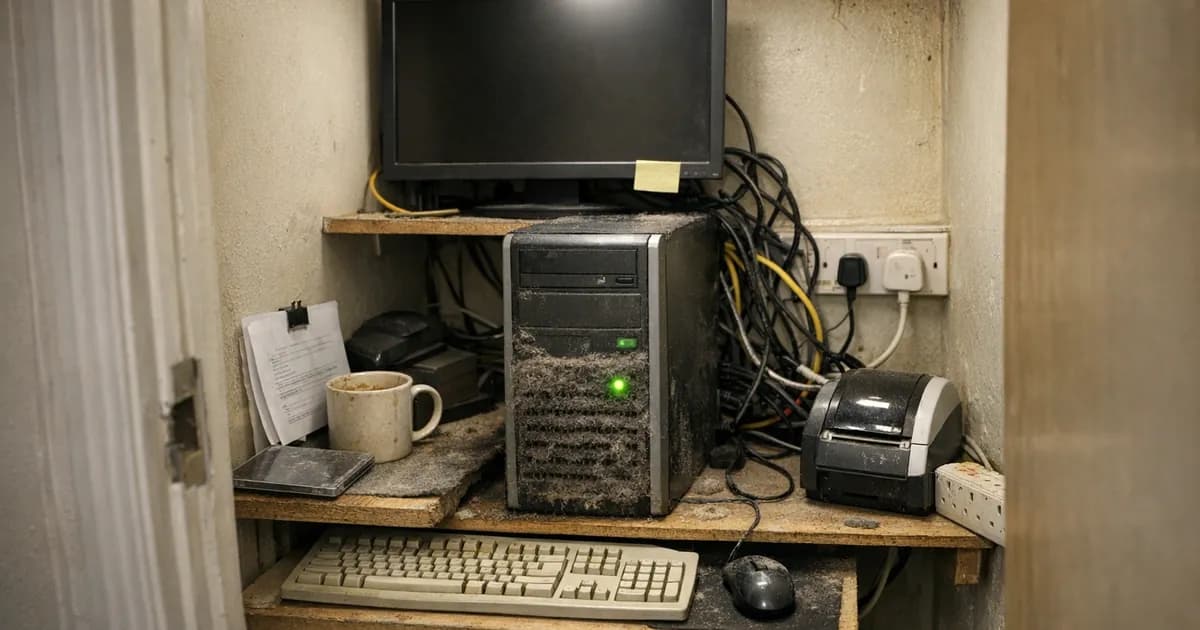 A dusty Windows 10 computer setup in a cluttered IT cupboard with a sticky note reminder on the monitor, representing aging business systems approaching end of support