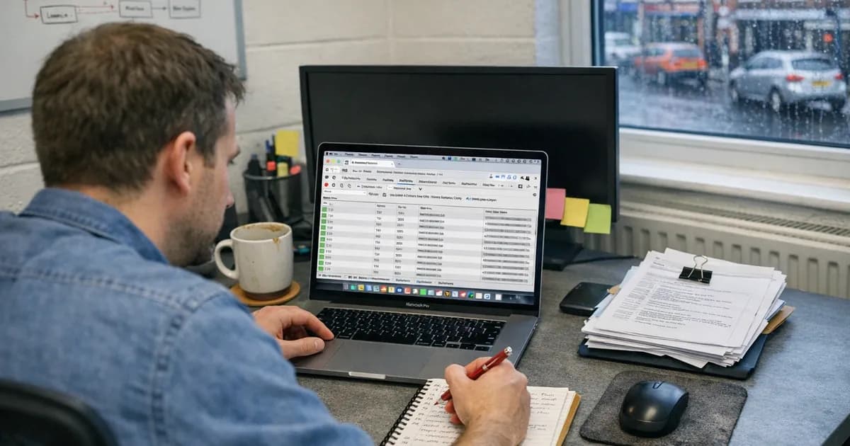 Web developer examining browser developer tools network tab on laptop screen, taking handwritten notes during web application security testing