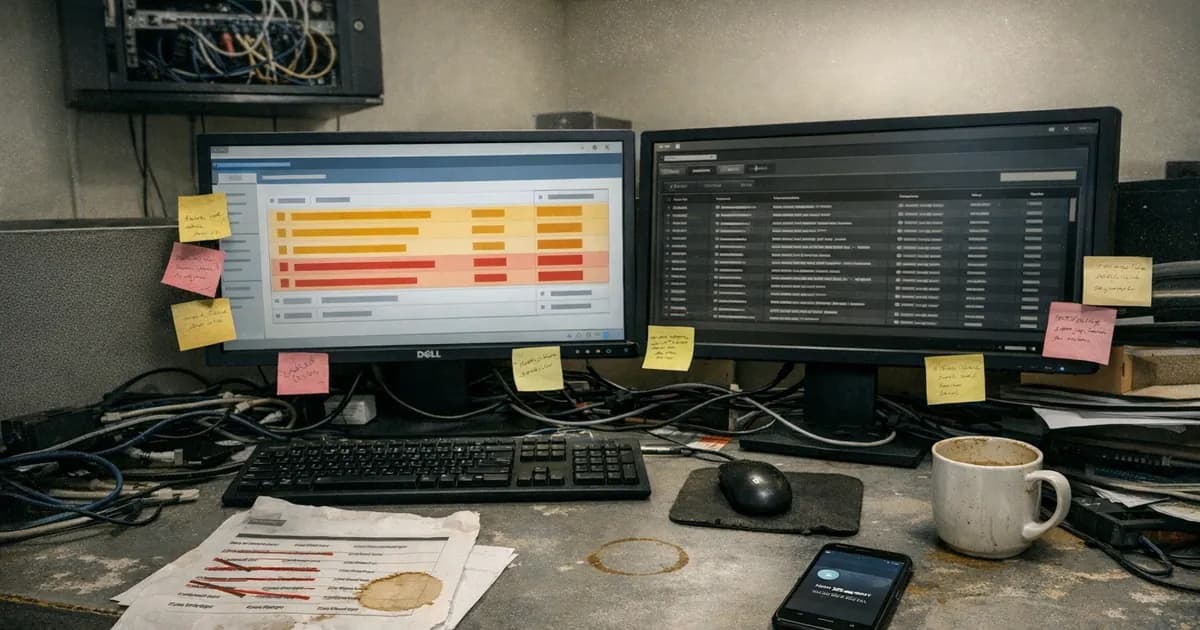 IT workstation showing signs of configuration drift with overdue patches and accumulated firewall rules on dual monitors, surrounded by handwritten notes and technical documentation on a cluttered desk