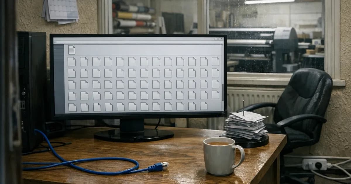 A small office desk in the morning with an unattended computer screen showing an unreadable file list, a cold cup of tea beside the keyboard and a telephone off its cradle.