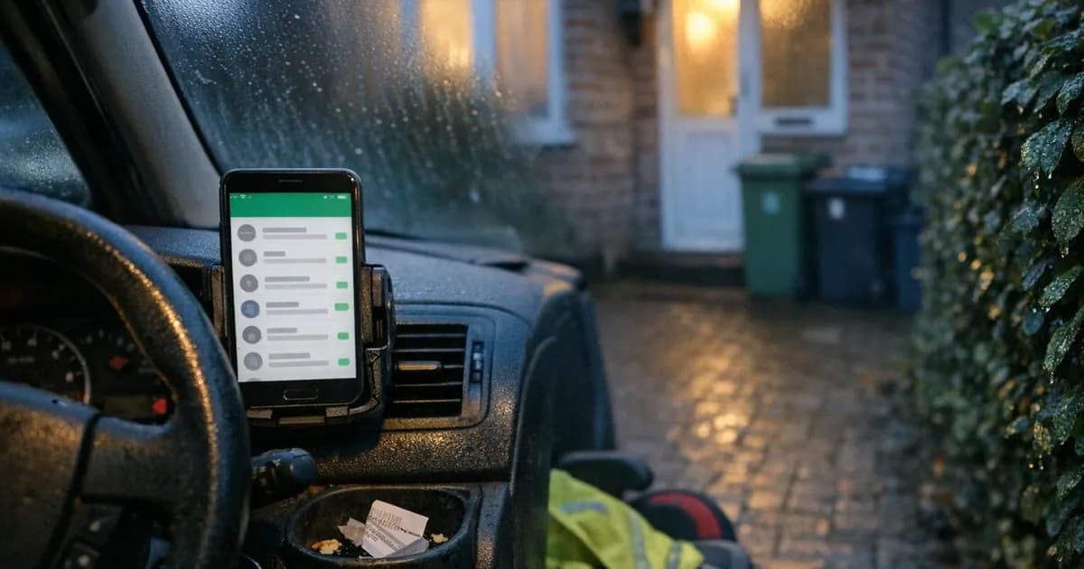 A tradesperson in a van cab holding a personal phone showing a message thread, with a clipboard of job sheets on the passenger seat beside them.