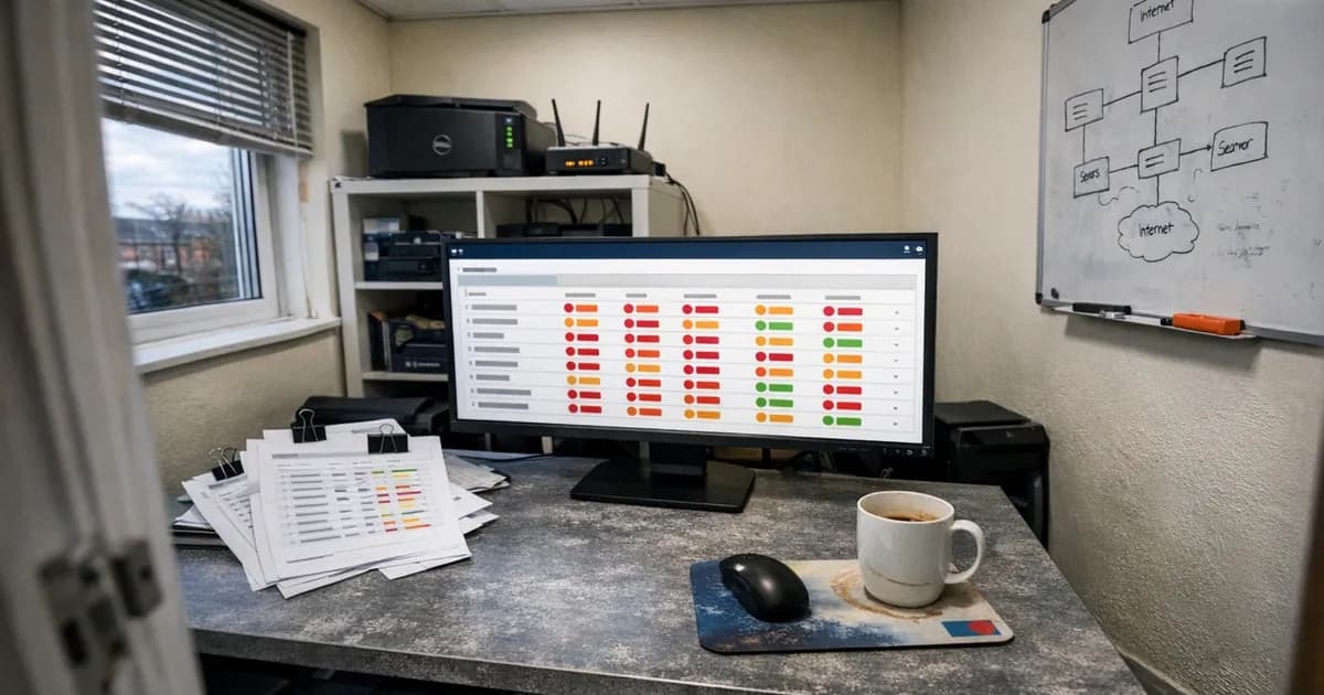 Computer monitor displaying vulnerability scanning dashboard with application status indicators on a desk in a small business IT workspace