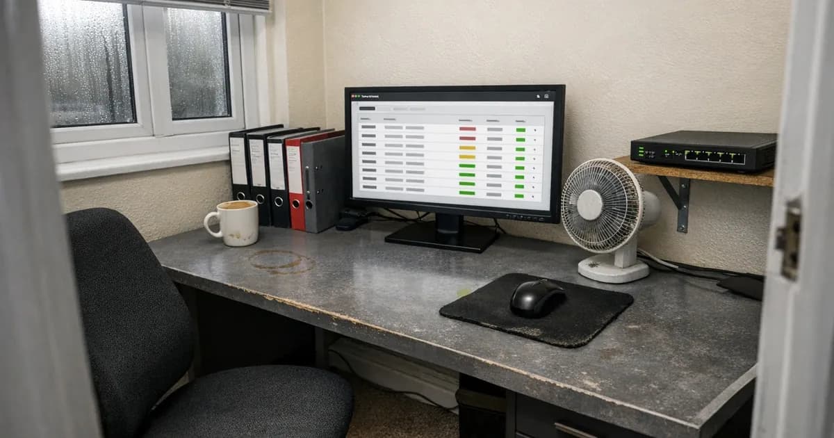 Monitor displaying basic firewall management interface on worn desk in small UK business office