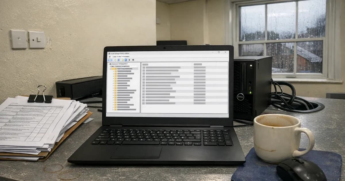 Windows 11 laptop displaying Local Group Policy Editor interface on office desk with assessment checklists and coffee mug