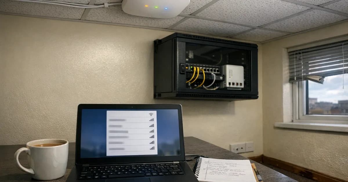 Wall-mounted wireless access point in UK office with LED status lights, laptop showing wireless network list below, network cabinet and worn office furniture visible